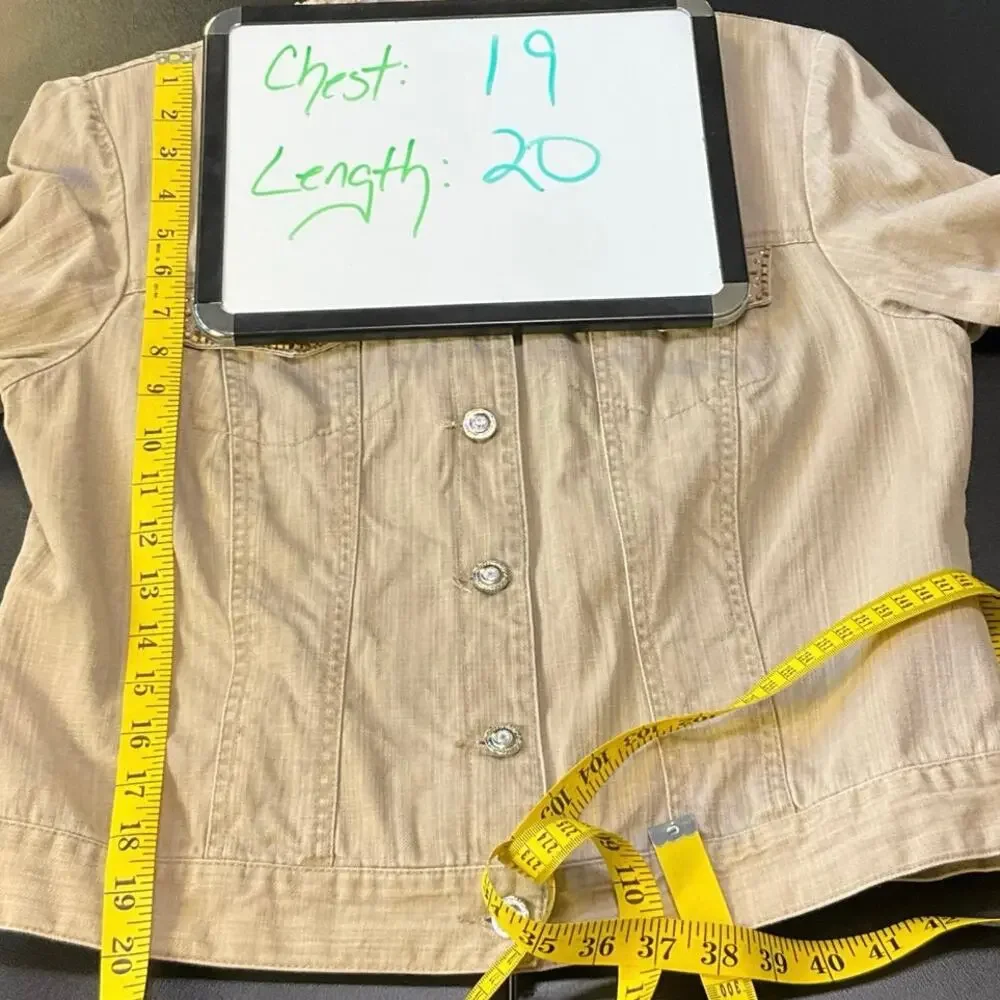 Nancy Bolen City Girl Beaded Embellished Khaki Button Front Denim Jacket Size M - Picture 8 of 8